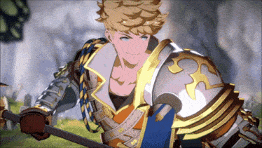 a man in armor holding a sword and shield