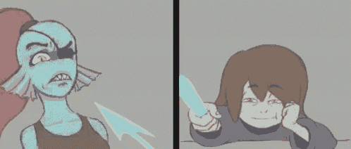 a cartoon of a girl holding a sword next to a cartoon of a fish holding a sword .