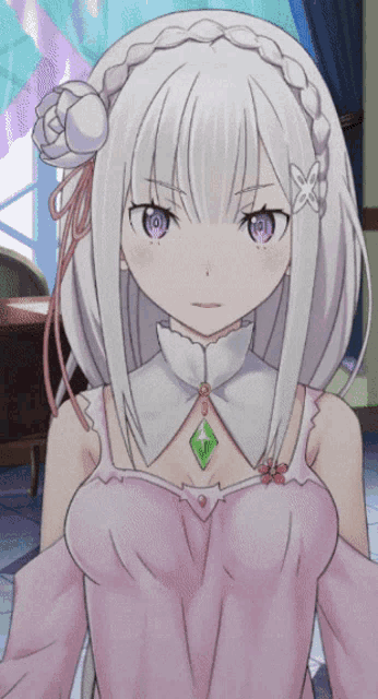 a girl with white hair and purple eyes wears a pink dress
