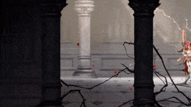 a video game scene with a pillar and a lightning strike