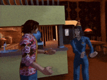 a man in a floral shirt is talking to a woman in a blue shirt