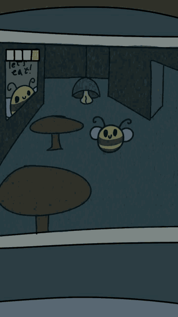 a cartoon drawing of a room with a sign that says " let 's eat "