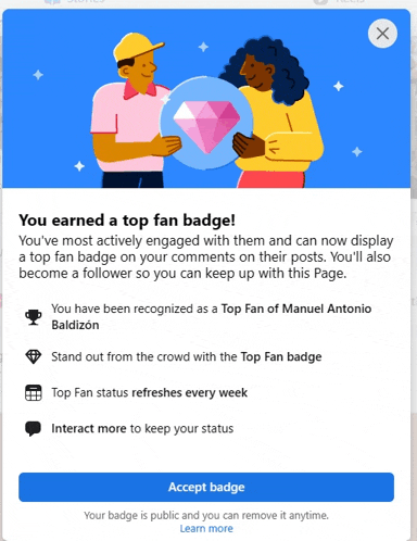 a screen that says you earned a top fan badge on it