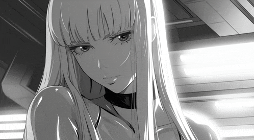 a black and white drawing of a woman with long blonde hair