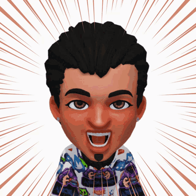 a cartoon drawing of a man with his mouth open wearing a shirt with the letter e on it