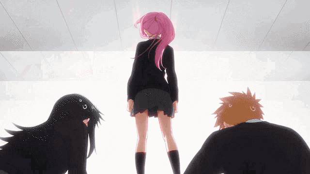 a girl with pink hair is standing in the middle of a group of people