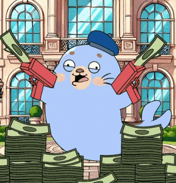 a cartoon seal is holding a gun in front of a building