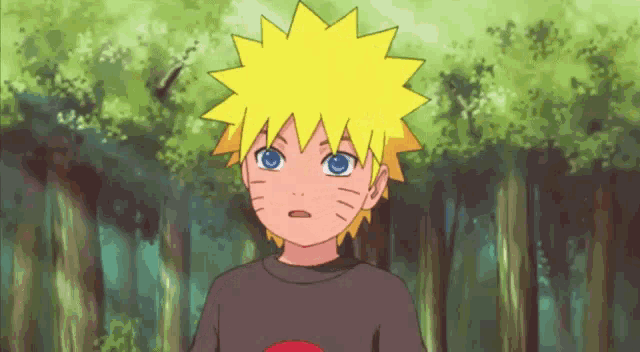 a young boy with a yellow hair and blue eyes is standing in the woods .