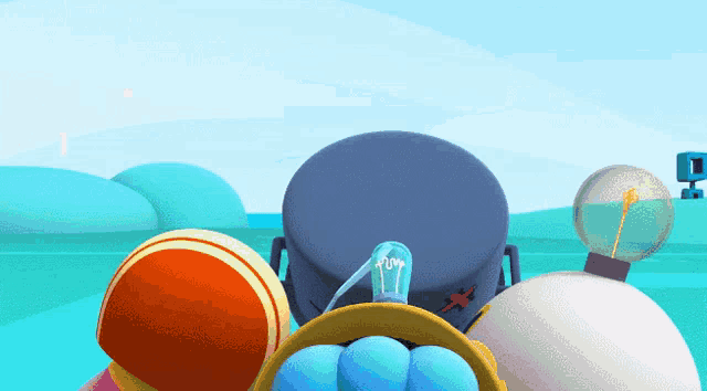 a cartoon scene with a bucket of blue eggs and a blue object that says pump