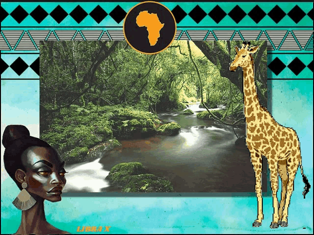 a giraffe is standing in front of a river with a map of africa above it