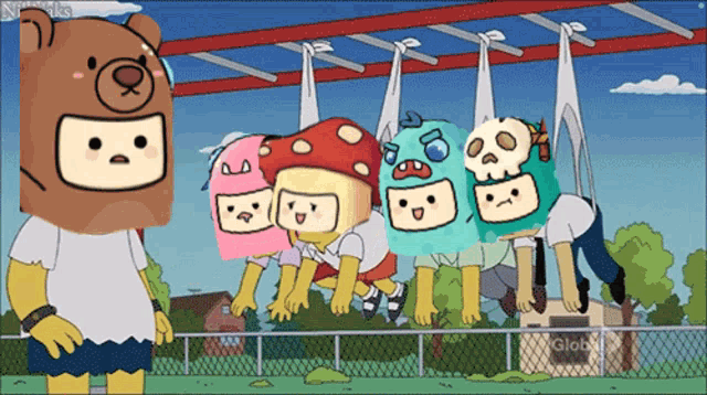 a group of cartoon characters are hanging upside down in front of a globe fence
