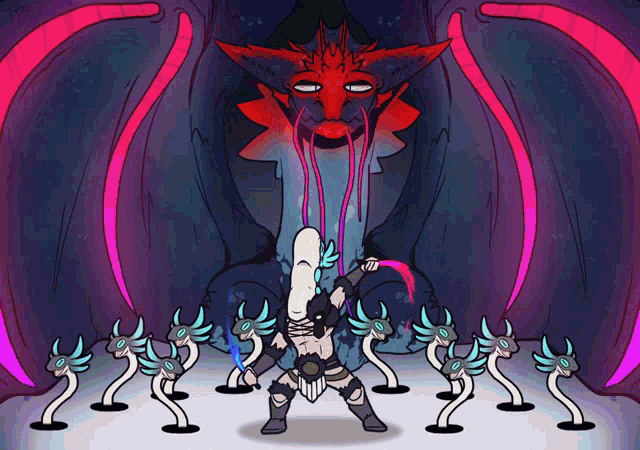 a cartoon of a man standing in front of a large dragon