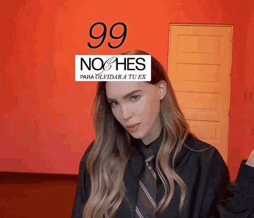 a woman wearing a black shirt and tie has a 99 noche para olvidar a tu ex sticker on her face