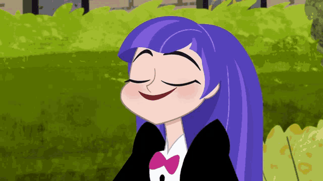 a cartoon girl with purple hair wearing a tuxedo and bow tie