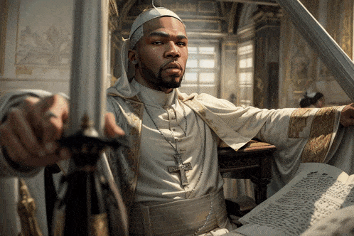 a man in a white robe with a cross necklace holds a sword