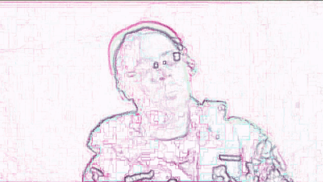 a drawing of a person with a purple and pink colored background