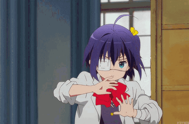 a girl with purple hair is making a stop sign