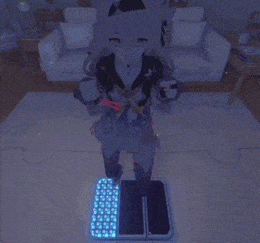 a cartoon character is standing in a living room with a couch in the background