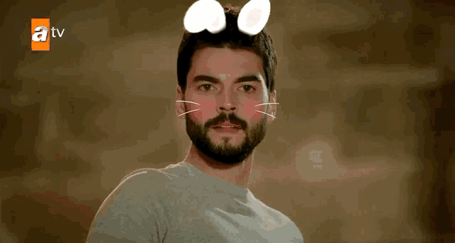 a man with a beard and bunny ears on his head is on a tv screen