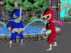 a cartoon of a blue and red superhero standing next to each other