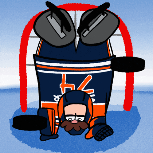 a cartoon hockey player is doing a handstand
