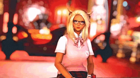 a woman with blonde hair and glasses is wearing a pink vest