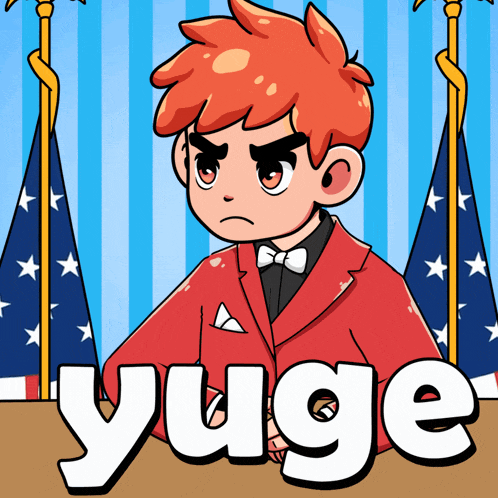 a cartoon of a man in a red suit and bow tie with the word yuge below him