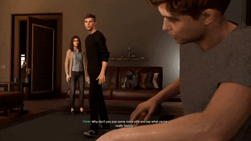 a video game screen shows a man doing push ups while another man stands behind him