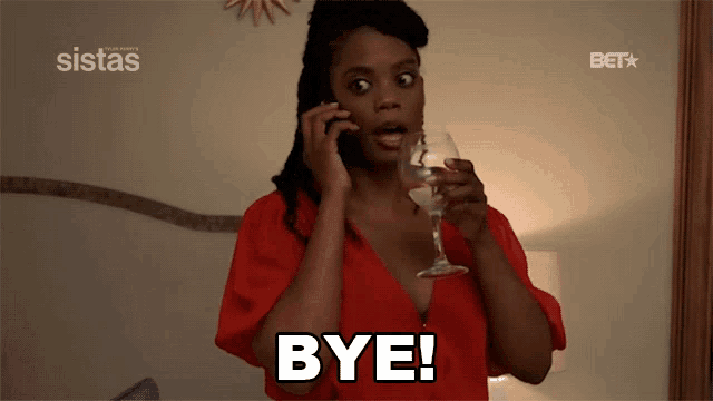 a woman is holding a glass of wine and talking on a cell phone with the word bye written on the bottom