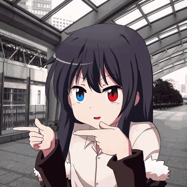 a girl with black hair and red and blue eyes is pointing at something