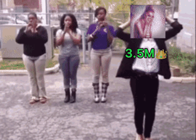 a group of women standing next to each other with 3.5m written on the bottom right
