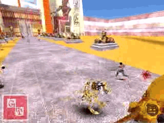 a video game is being played on a computer with a robot in the foreground and a statue in the background .