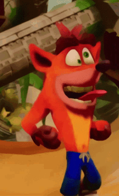a cartoon character named crash bandicoot is wearing blue shorts