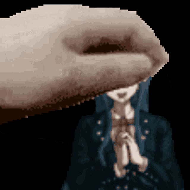 a pixelated image of a girl with blue hair and a bow tie