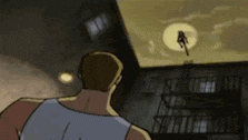 a cartoon of a man looking at a woman flying through the air
