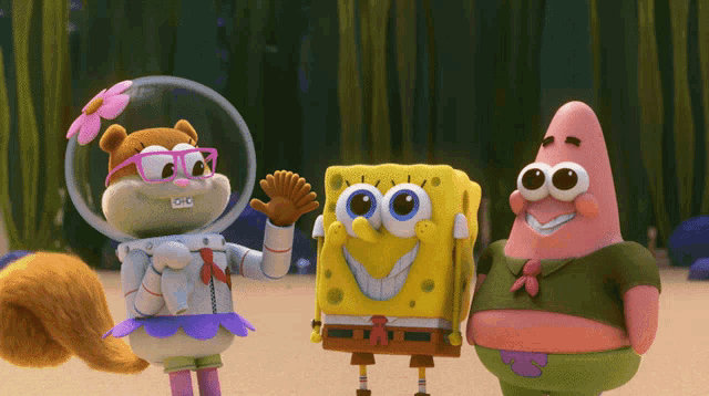 spongebob patrick and sandy cheer for each other in a scene from spongebob squarepants