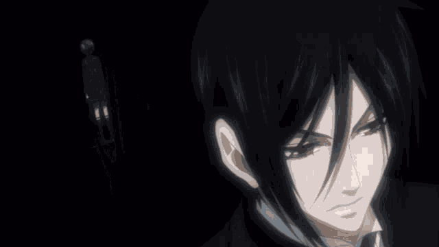 a black haired anime character with a blue eye and a bow tie