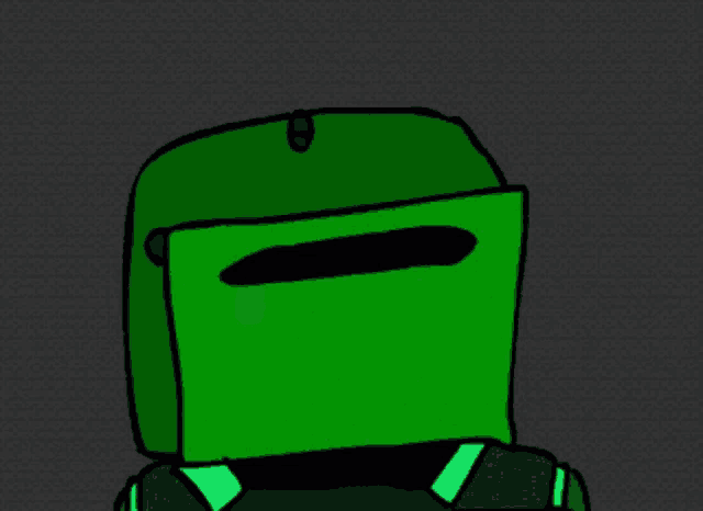 a cartoon drawing of a green robot with a tear coming out of his eye