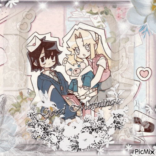 a picture of a family with the words good morning written on the bottom