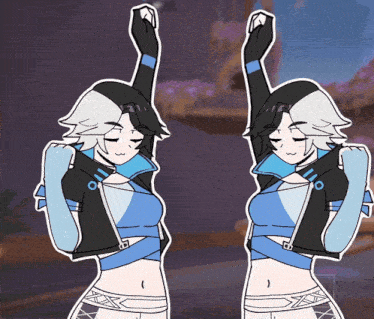 a drawing of two girls with their hands in the air
