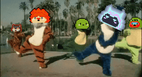 a group of pixelated characters are dancing in front of a body of water