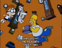 a cartoon of homer simpson and mr peabody with clocks in the background