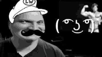 a black and white photo of a man with a mustache and a hat that says lw