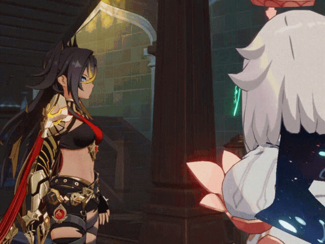 two anime characters standing next to each other in a room