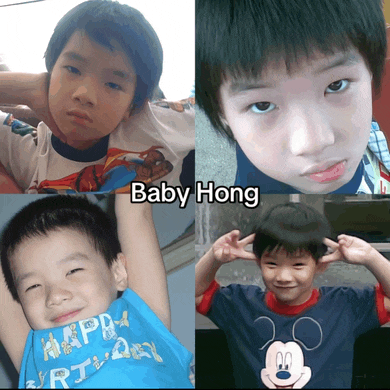 a collage of baby hong 's faces with a mickey mouse shirt on