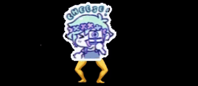 a cartoon character with a sticker on his head that says cheese on it