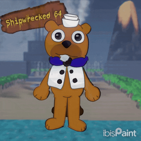 a cartoon of a squirrel with a sign that says shipwrecked 64
