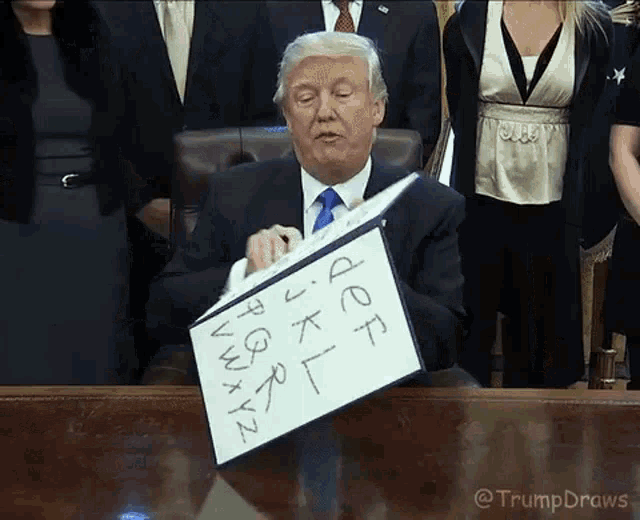a man in a suit and tie is holding a piece of paper with the letters j k l and v written on it