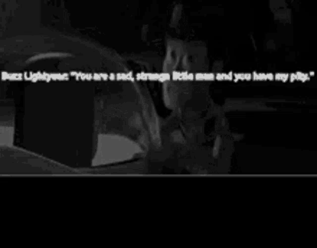 buzz lightyear says " you are a sad strange little man and you have my pity " in a black and white photo