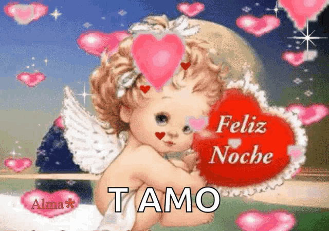 a baby cupid is holding a heart with the words feliz noche tamo on it
